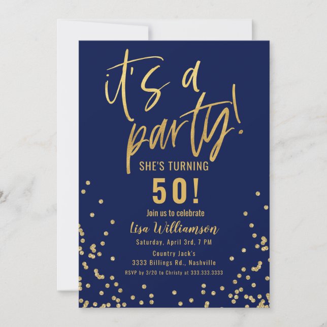 Gold and Navy Blue 50th Birthday Party Invitation (Front)