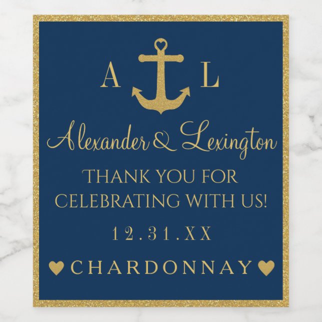 Gold and Navy Blue Anchor Monogram Wedding Wine Label (Single Label)