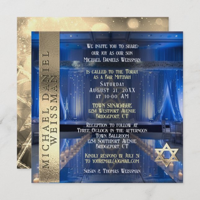 Gold and Navy Blue Bar Mitzvah Invitation (Front/Back)