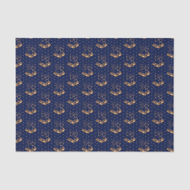 Gold and Navy Blue Christmas Bells Tissue Paper (Front)