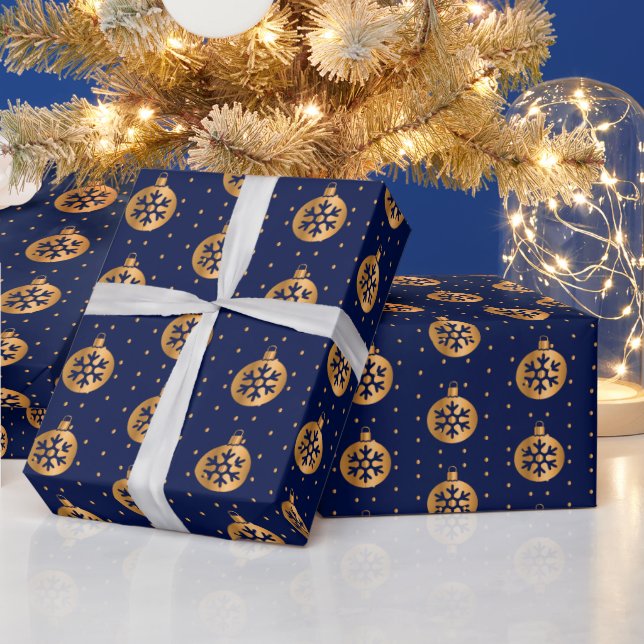 Gold and Navy Blue Christmas Ornaments Wrapping Paper (Holidays)