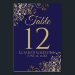 Gold and navy Blue Elegant Filigree Wedding Table Number<br><div class="desc">Make your wedding reception beautiful with these table number cards. They feature a simple yet elegant design with gold text on a navy blue background with a frilly gold faux foil floral filigree in the corners.</div>