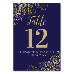 Gold and Navy Blue Elegant Frilly Wedding Table Number