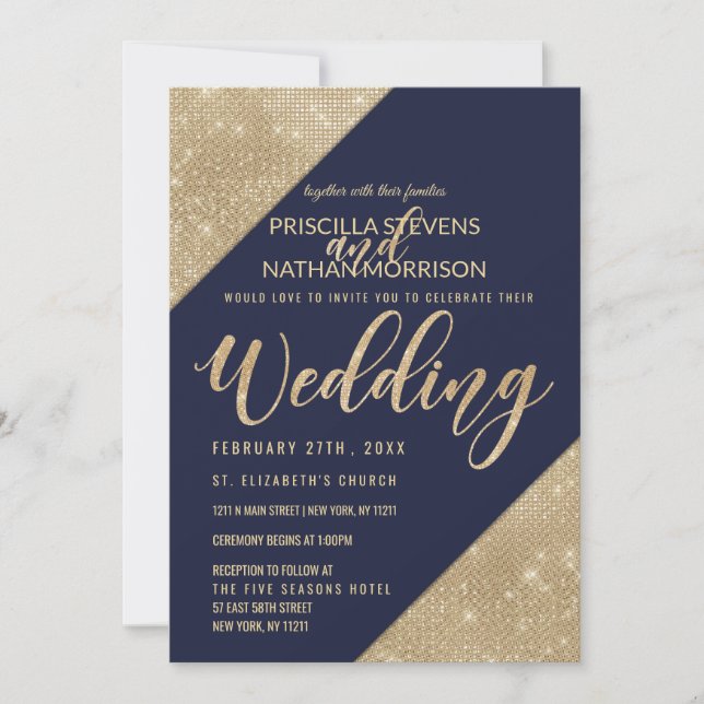 Gold and Navy Blue Faux Glitter Sequin Wedding Invitation (Front)