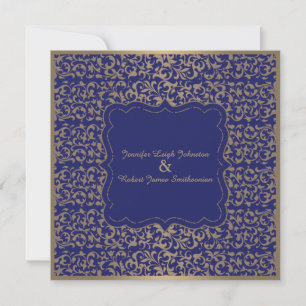 Gold and Navy Blue Filigree Wedding Invitation