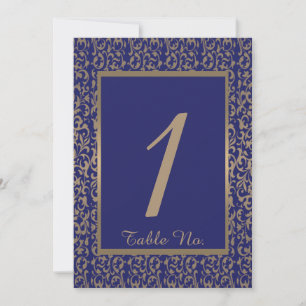 Gold and Navy Blue Filigree Wedding Table Number