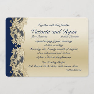 Gold and Navy Blue Floral Wedding Invitation