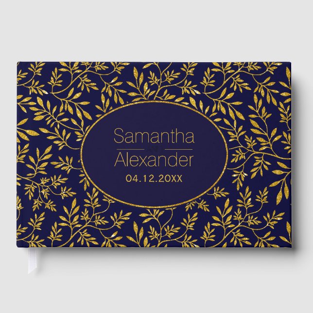 Gold and navy blue leaves wedding guest book (Front)