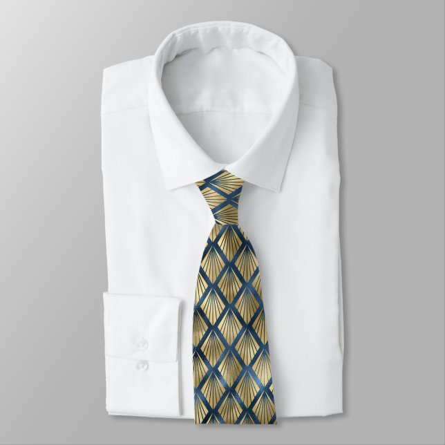 Gold and Navy Blue Metallic Fan Tie (Tied)