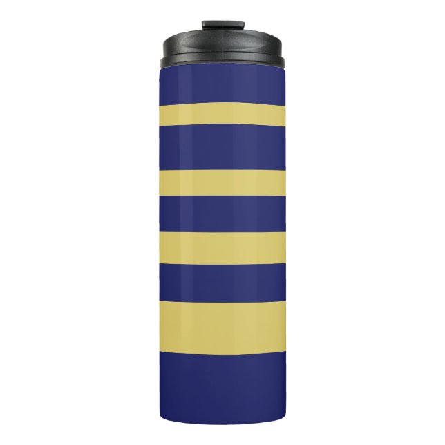 Gold and navy blue striped thermal tumbler (Front)