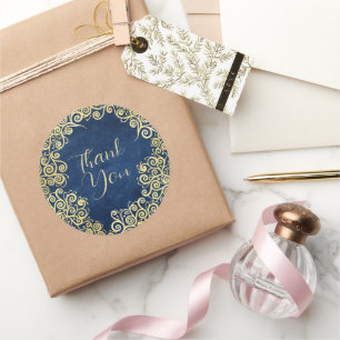   Gold and Navy Blue Swirls Classy Boho Thank You Classic Round Sticker