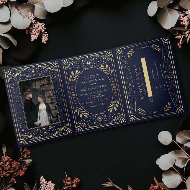 Gold and Navy Elegant Tarot Wedding Tri-Fold Invitation (Creator Uploaded)