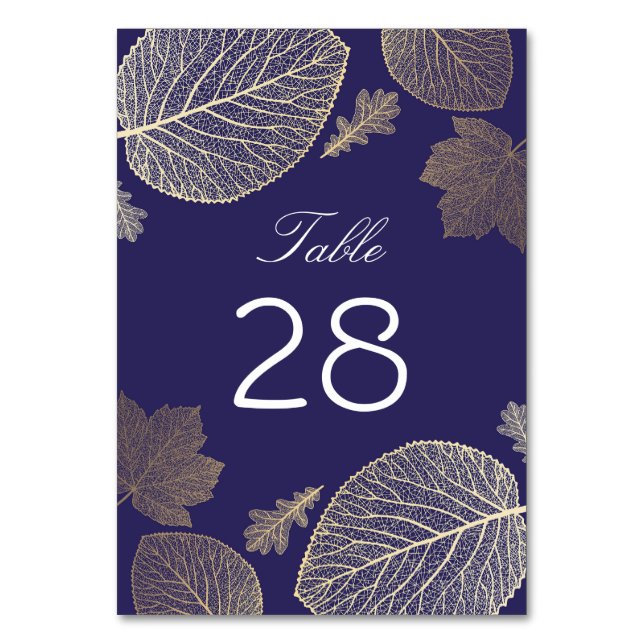 Gold and Navy Fall Leaves Wedding Table Number (Front)