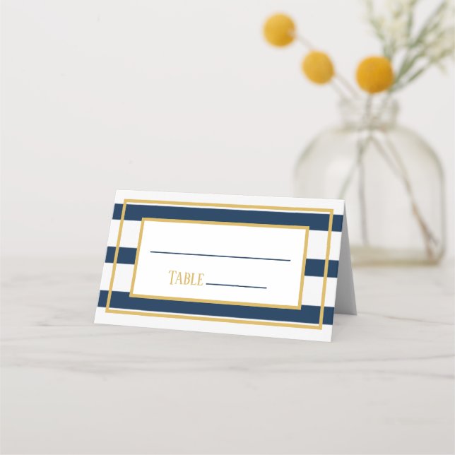 Gold and Navy Nautical Stripes Wedding Table Place Place Card (Front)