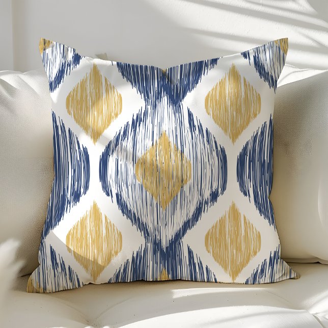 Gold and Navy Ogee Ikat Pattern Cushion (Creator Uploaded)