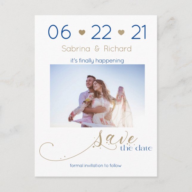 Gold and Navy  One Photo Minimalist  Save the Date Postcard (Front)