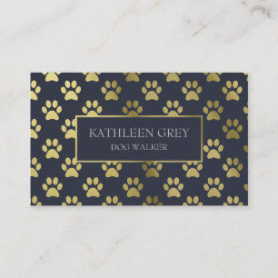 Gold And Navy Paw Print Pattern Dog Walker Business Card
