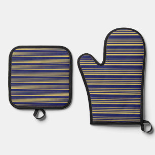 Gold and navy stripes patterned oven mitt & pot holder set