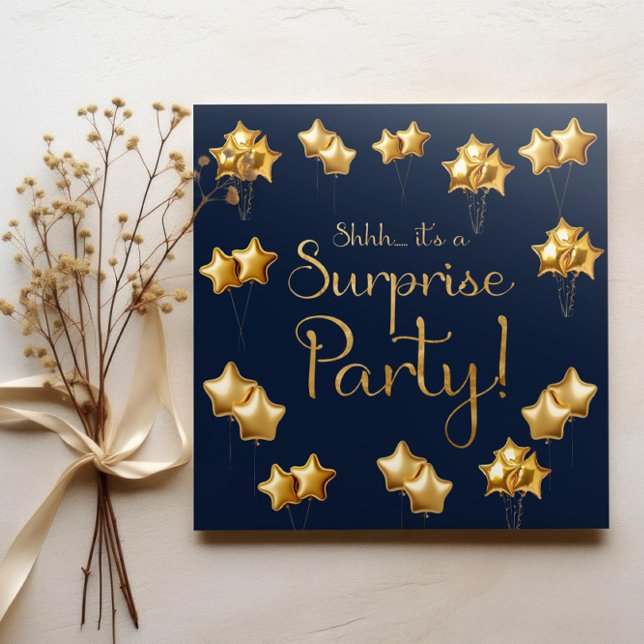 Gold And Navy Surprise 50th Birthday Party Invitation (Surprise birthday party invitation in blue and gold on a beige background )