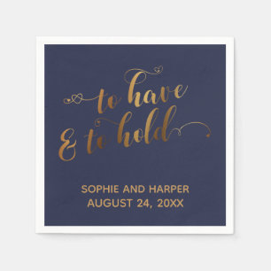 Gold and Navy To Have & To Hold Script with Hearts Napkin