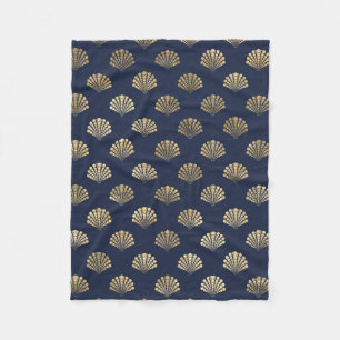 Gold and Navy Vintage Art Deco Flower Pattern Fleece Blanket