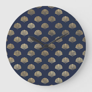 Gold and Navy Vintage Art Deco Flower Pattern  Large Clock
