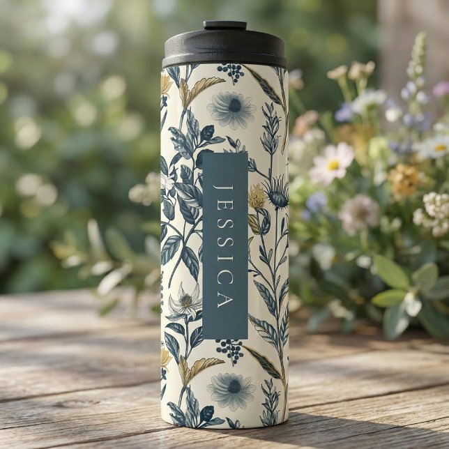 Gold and Navy Vintage Botanic Pattern Thermal Tumbler (Embrace the serene beauty of nature with our seamless botanical  pattern.)