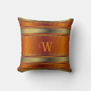 Gold And Orange Geometric Stripes Monogrammed Cushion