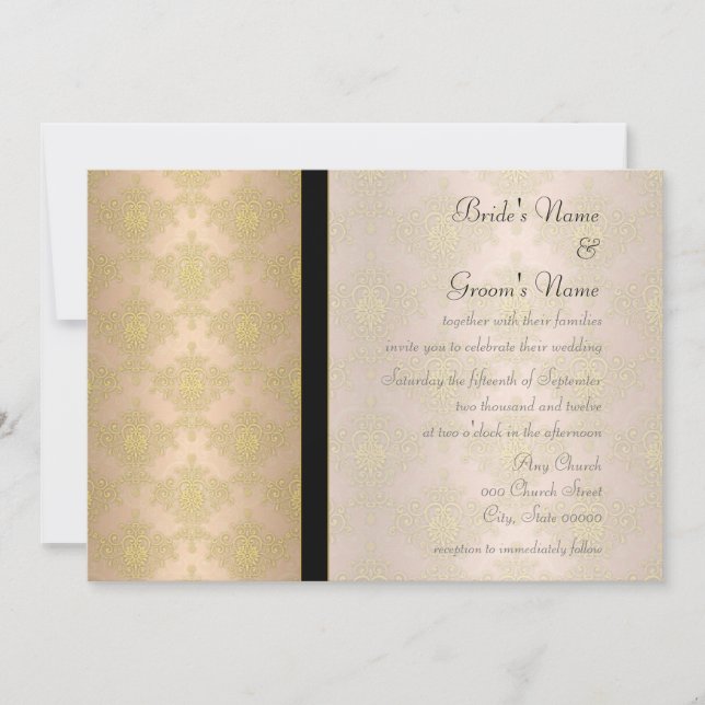 Gold and Peach Damask Wedding Invitations (Front)