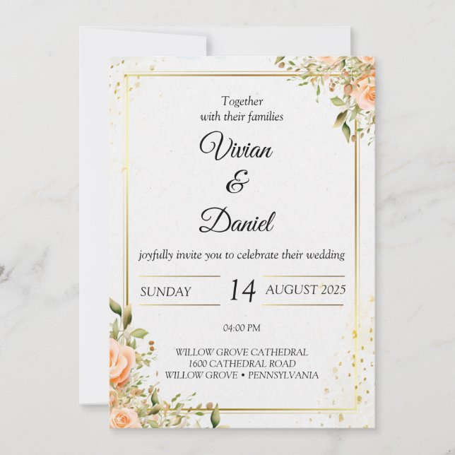 Gold and peach flowers wedding invitation (Front)