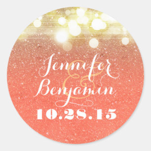 Gold and Peach Glitter String Lights Wedding Classic Round Sticker