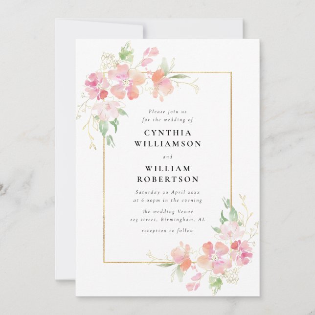 gold and pink botanical flowers wedding invitation (Front)