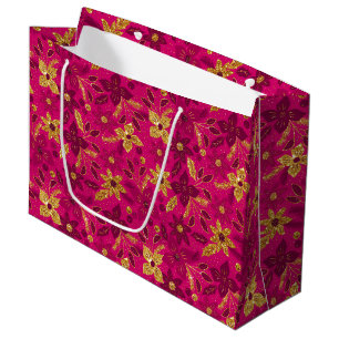 Gold and Pink Christmas Poinsettia Flowers Large Gift Bag