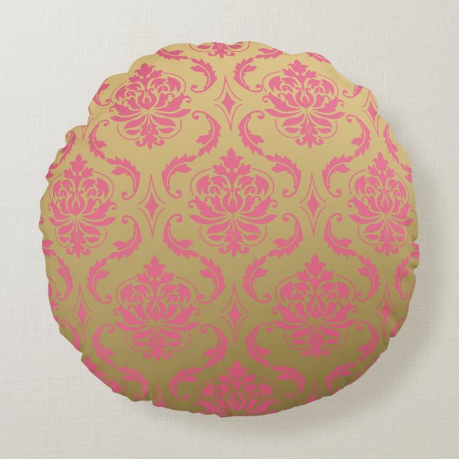 Gold and Pink Classic Damask Round Cushion (Front)