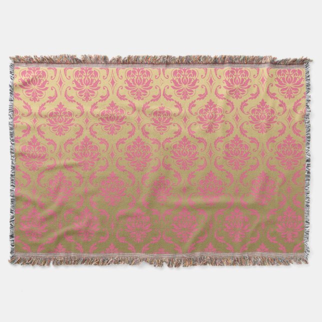 Gold and Pink Classic Damask Throw Blanket (Front)