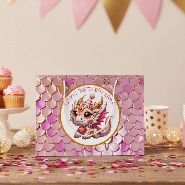 Gold and Pink Dragon Girl's Birthday  Large Gift Bag (Creator Uploaded)