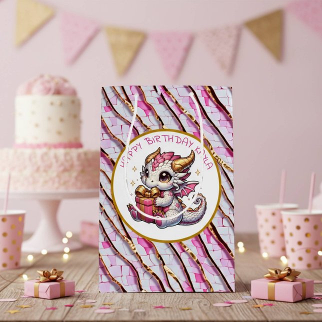 Gold and Pink Dragon Girl's Birthday  Medium Gift Bag (Creator Uploaded)