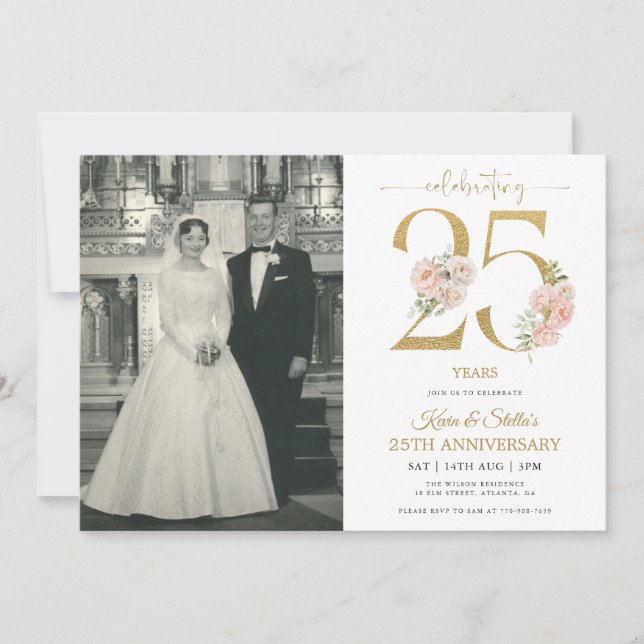Gold and Pink Floral 25th Anniversary  Invitation (Front)