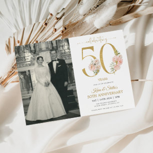Gold and Pink Floral 50th Anniversary  Invitation
