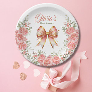 Gold and Pink Floral Bow Baby Shower Paper Plate