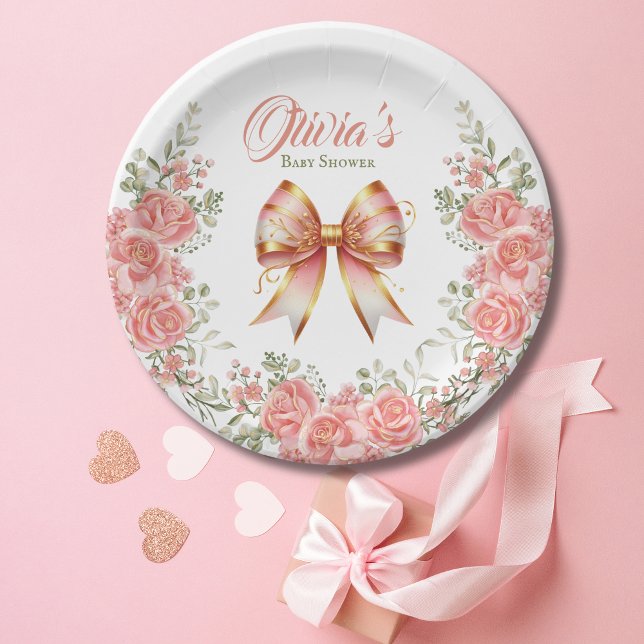 Gold and Pink Floral Bow Baby Shower Paper Plate (Creator Uploaded)