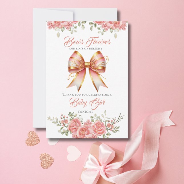Gold and Pink Floral Bow Baby Shower Thank You Card (Creator Uploaded)