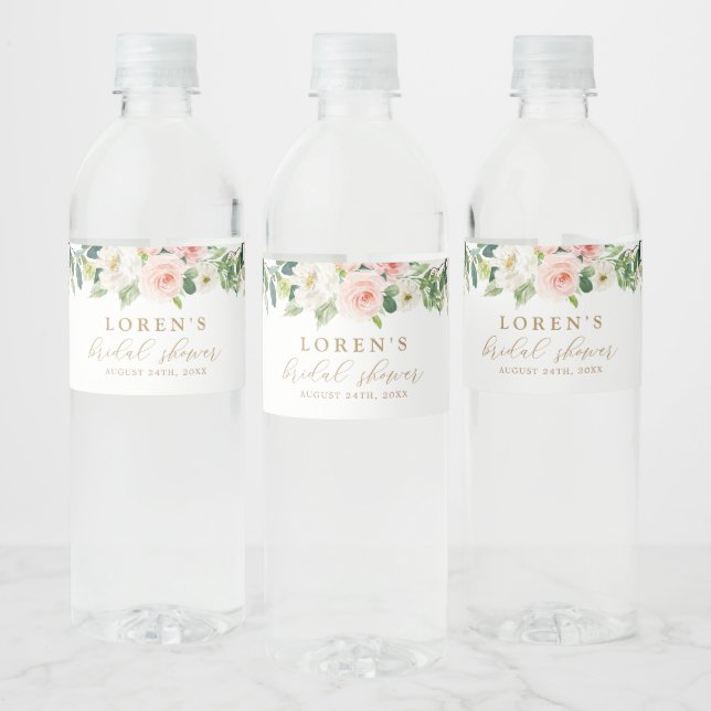 Gold and Pink Floral Bridal Shower  Water Bottle Label (Bottles)