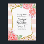 gold and pink floral confetti stripe save the date announcement postcard<br><div class="desc">watercolor flowers pink stripes and gold confetti save the date postcards</div>