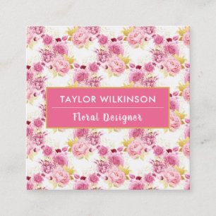 Gold and Pink Floral Roses on White Square Busines Business Card