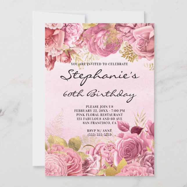 Gold and Pink Floral Watercolor 60th Birthday Invitation (Front)