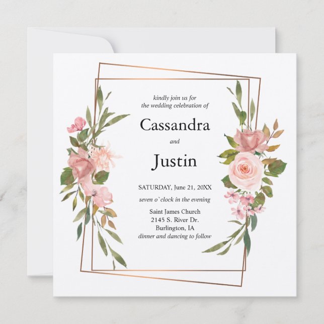 Gold and Pink Floral Wedding Invitation (Front)