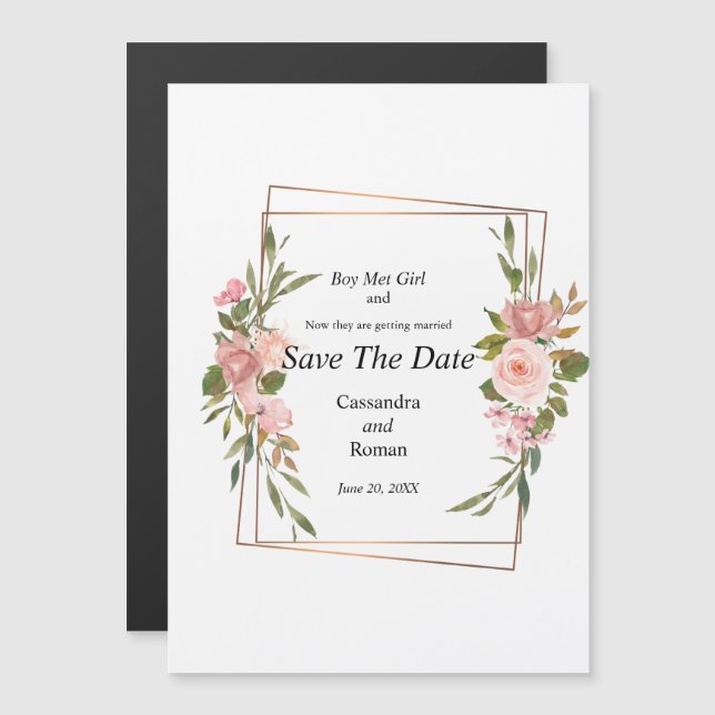Gold and Pink Floral Wedding Save The Date Magnetic Invitation (Front/Back)