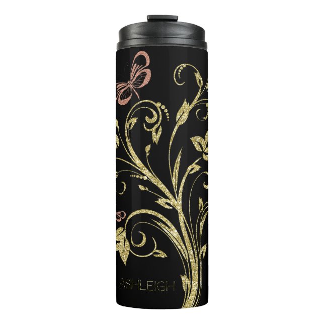 Gold and Pink Glitter Butterfly Personalised Thermal Tumbler (Front)