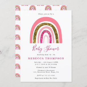 Gold and Pink Glitter Cute Rainbow Baby Shower  Invitation